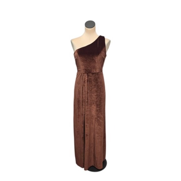 Baltic Born Dress Womens Medium Brown Velvet One Shoulder Maxi Gown Formal - Picture 1 of 11